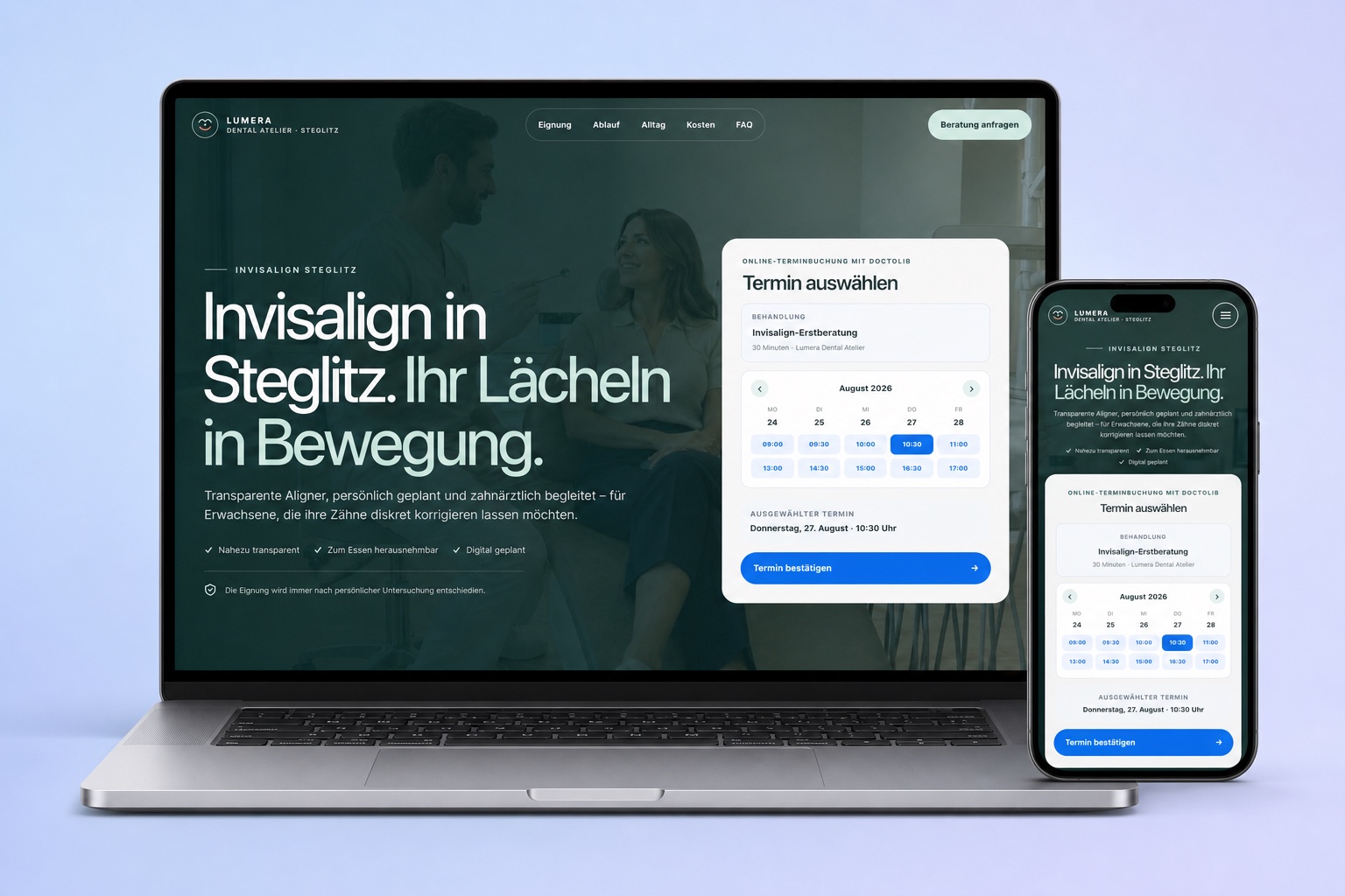 Invisalign-Behandlungsseite dargestellt auf einem MacBook und iPhone